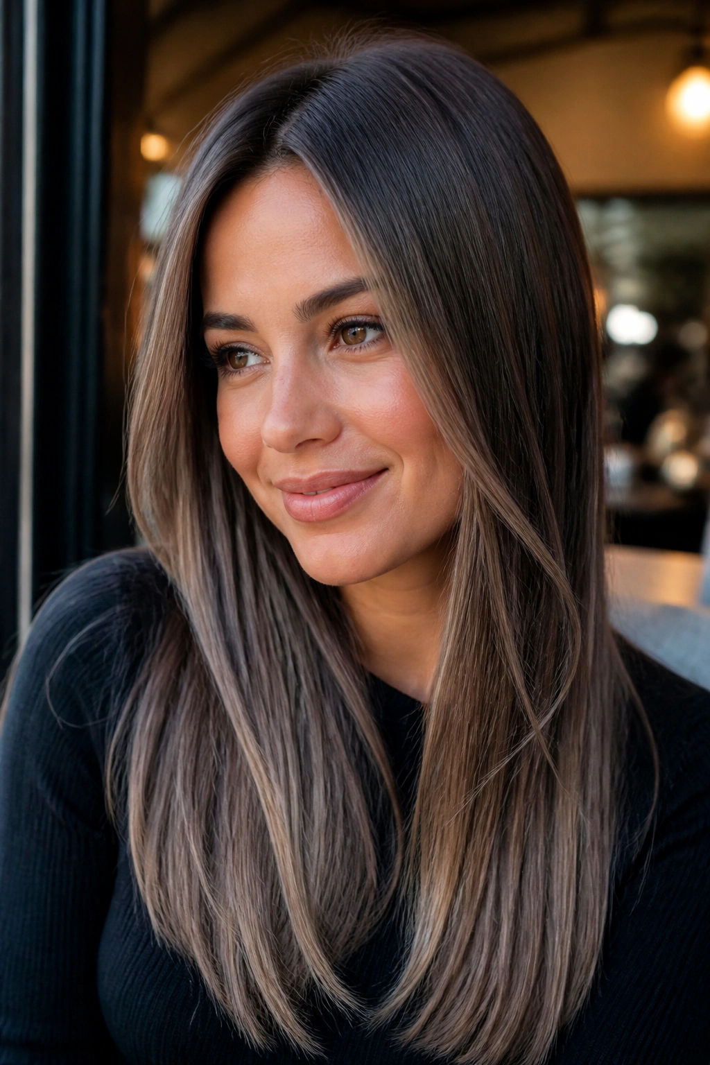 Brunette with smoky taupe balayage in soft cafe light