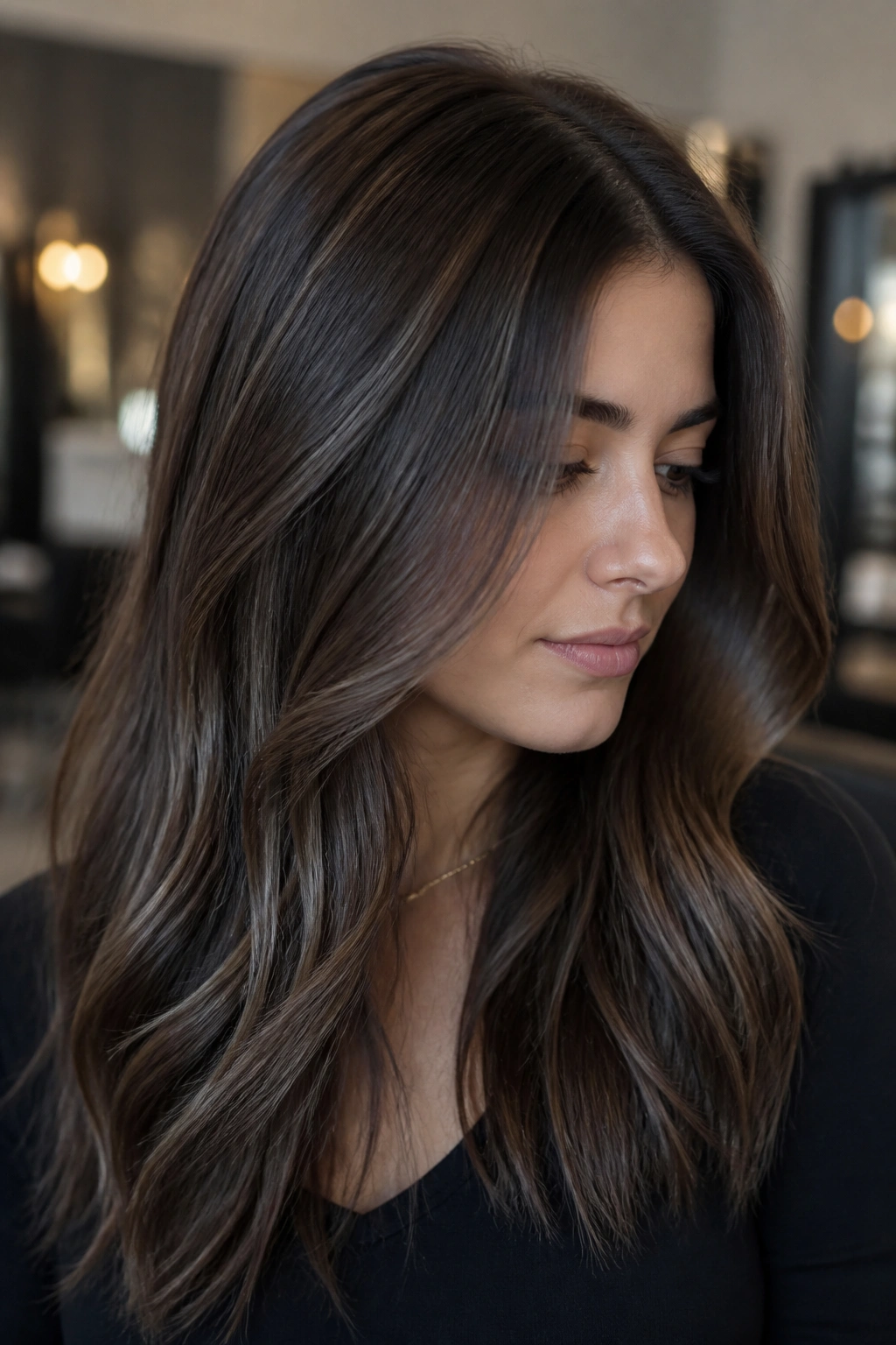Close-up of brown hair with smoky taupe gloss highlights in a natural light portrait