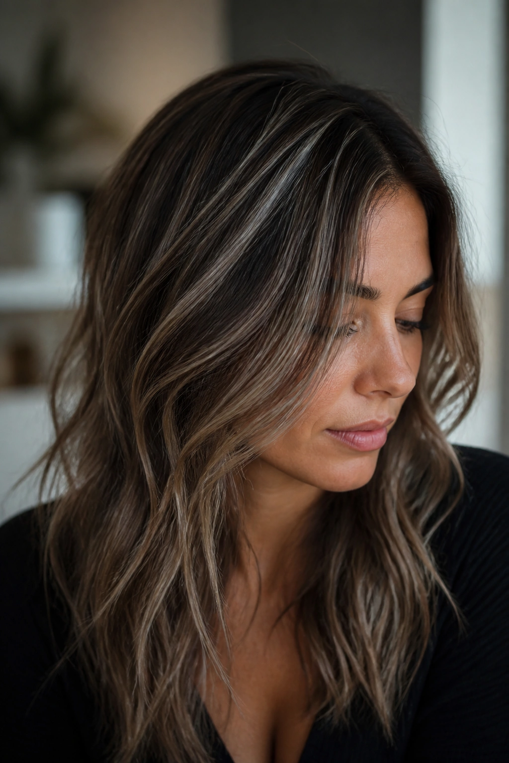 Close-up of a brunette with smoky taupe ribbons weaving through the crown