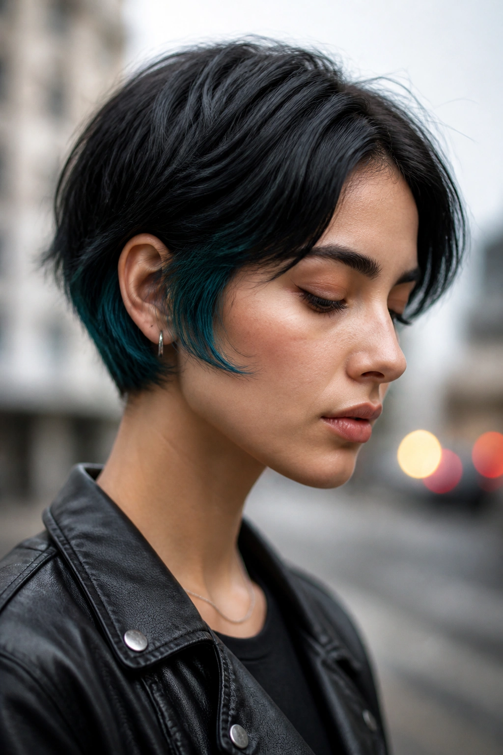 Close-up of black hair with smoky teal ends on a real person, urban evening light