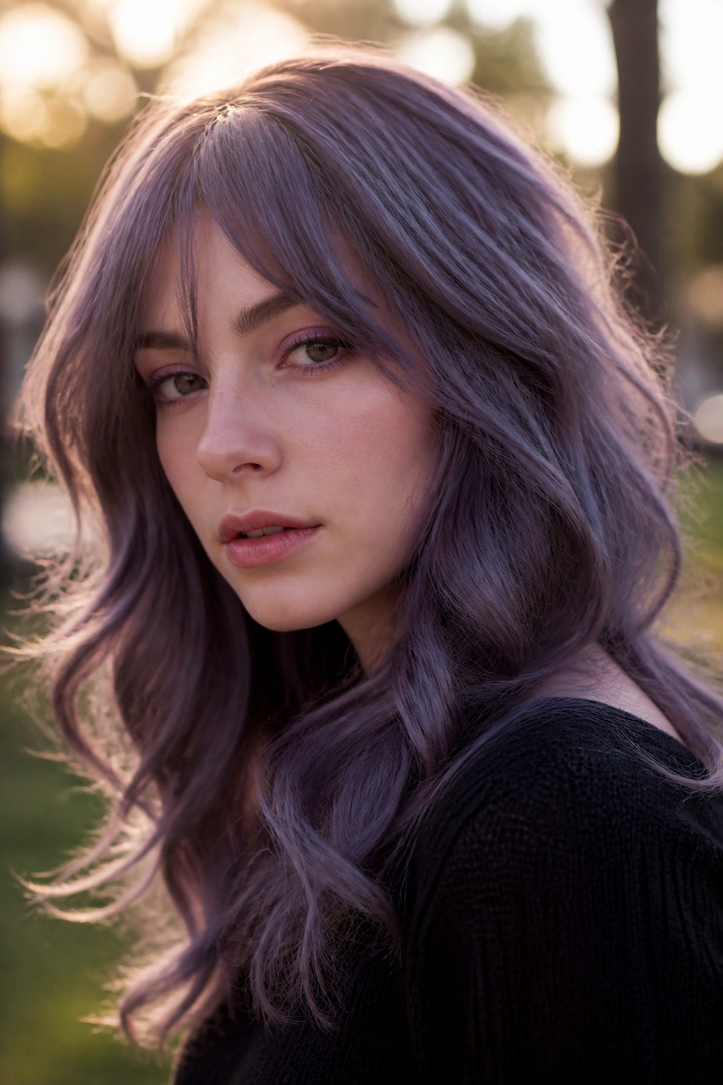 Close-up portrait of a person with smoky violet hair in a park at golden hour