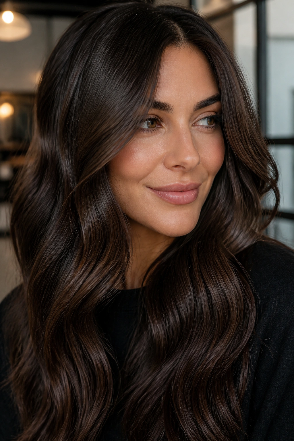 Close-up of smoky walnut brown hair with cool gloss on a real person.