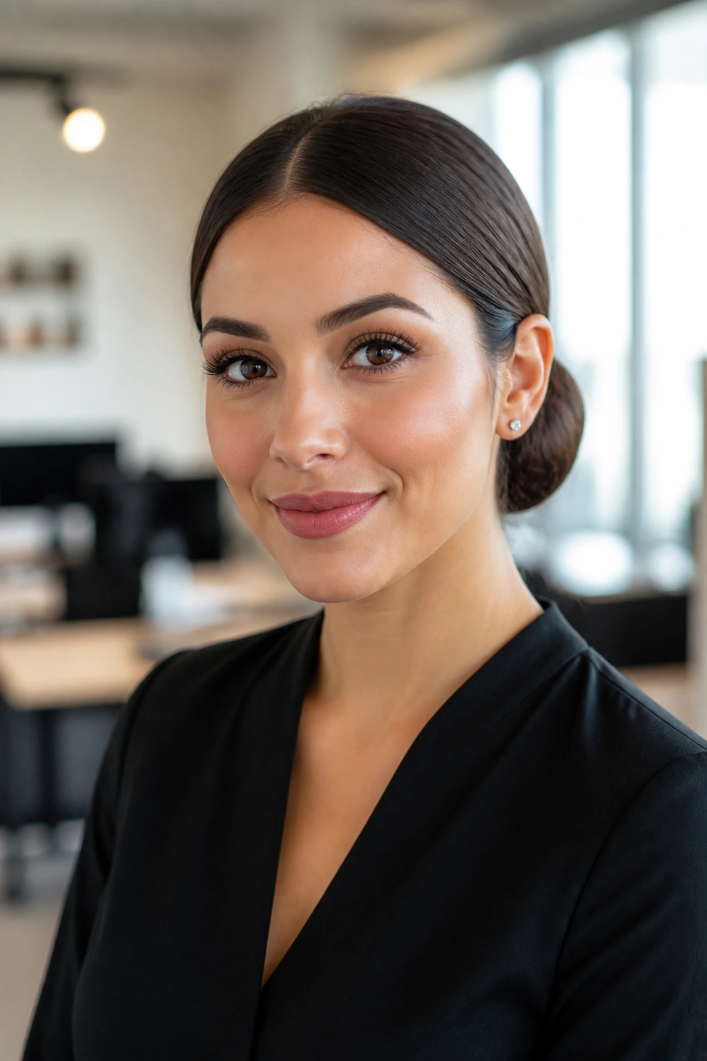 Close-up of a real woman with a smooth low bun in office light