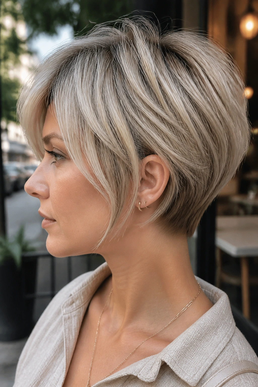 Close-up portrait of a real woman with a smudged pixie-bob in ash blonde