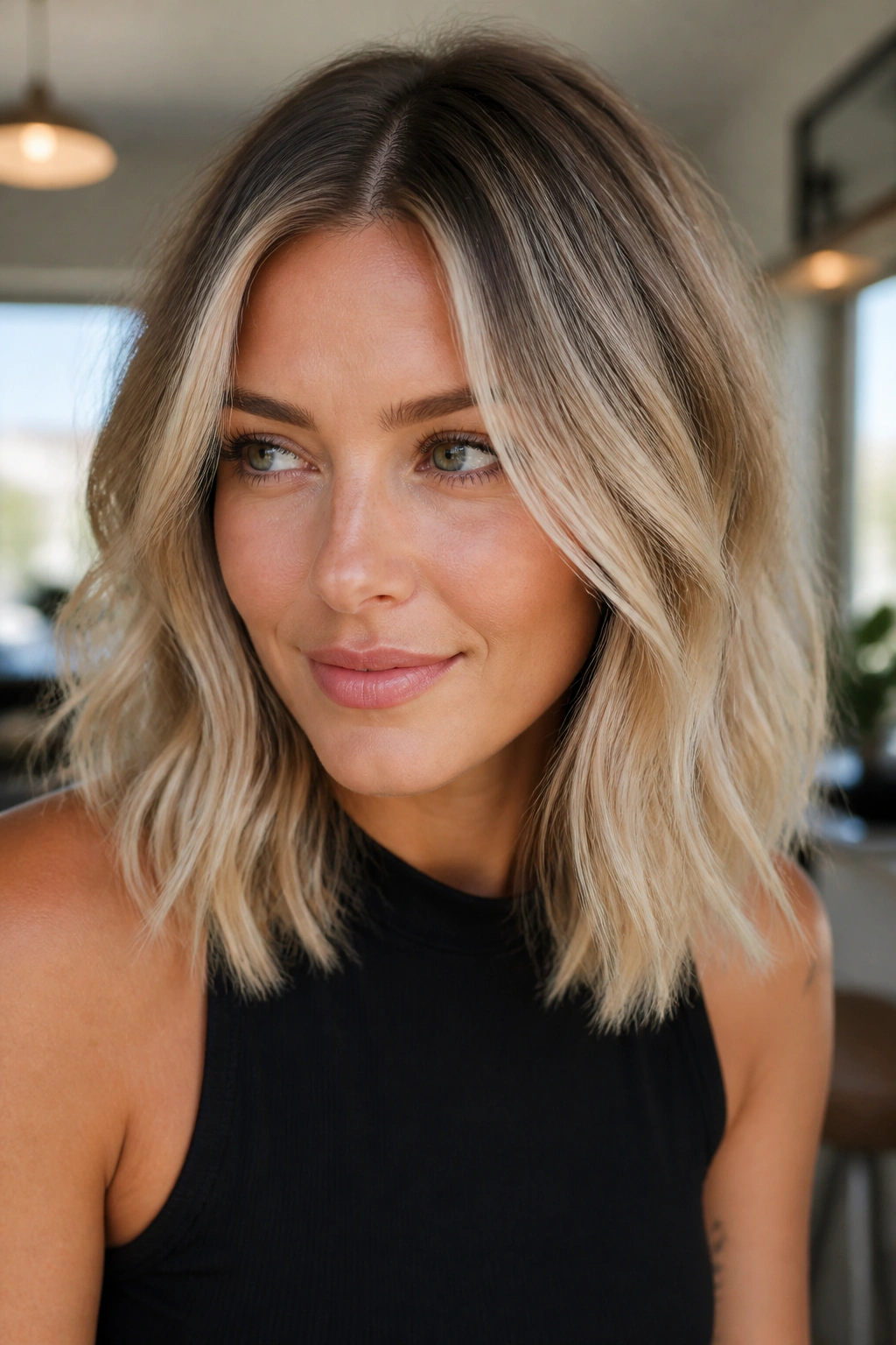Close-up of a real woman with smudged root blonde on shoulder-length hair