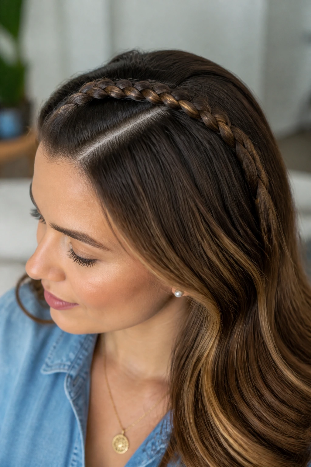 Real woman with a slim snake braid along the crown
