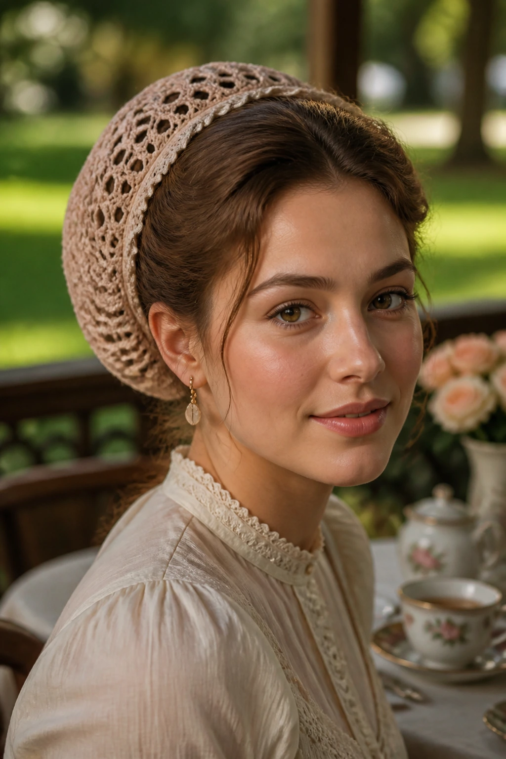 Close-up of a real woman wearing a snood updo in soft light