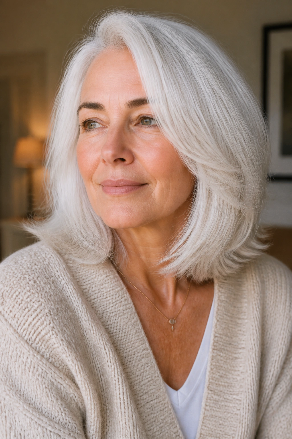 Close-up of a real woman with snow white shoulder-length hair
