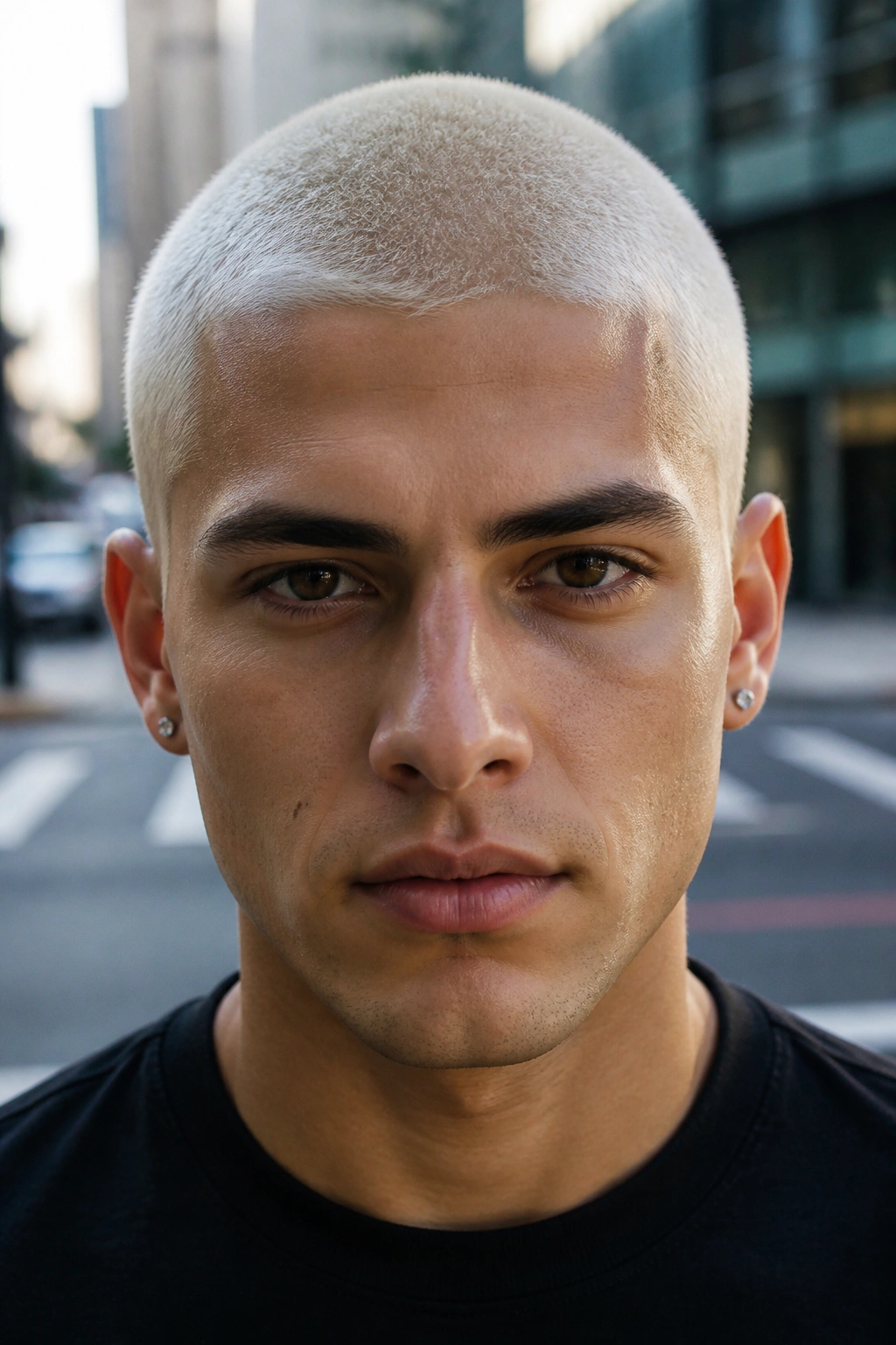 Close-up headshot of a real person with snowy buzz cut outdoors