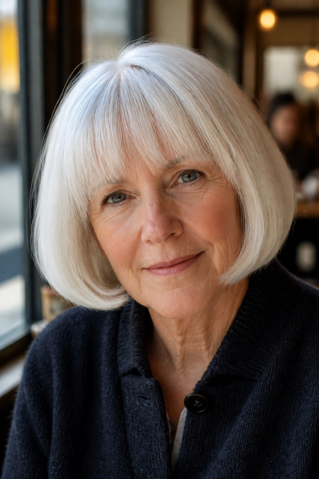 Close-up of a real woman with a snowy pageboy cut