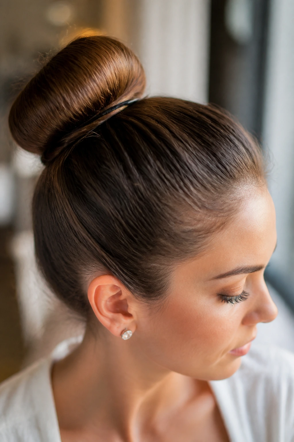 Close-up of a real woman wearing a heatless sock bun secured with a donut and pins