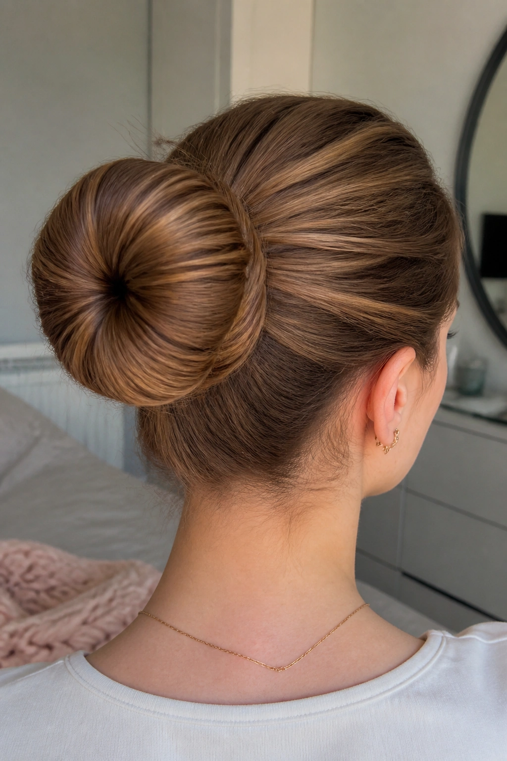 Close-up of a real woman with a sock bun at the back of the head