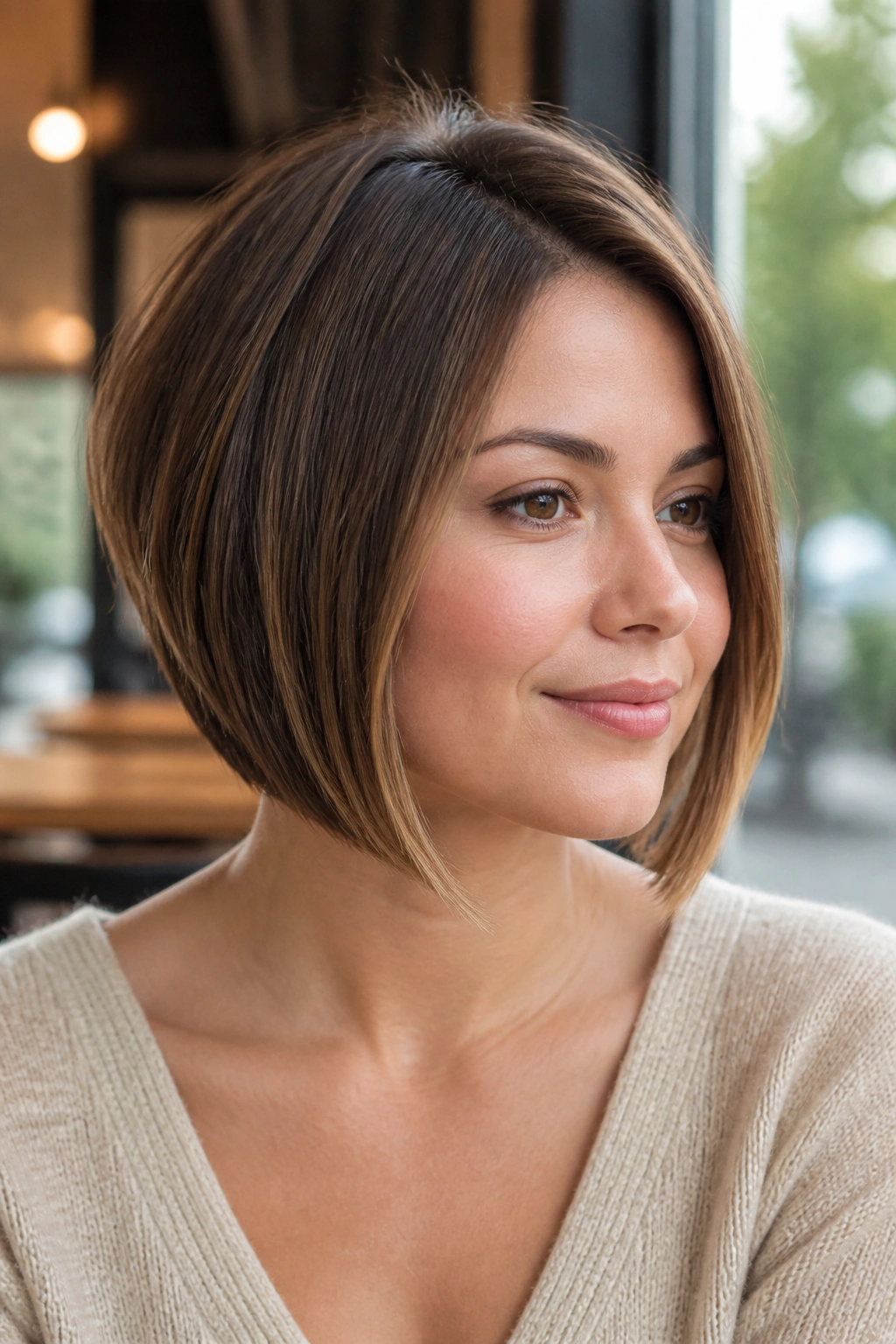 Close-up portrait of a real woman with a soft A-line angled bob on a round face