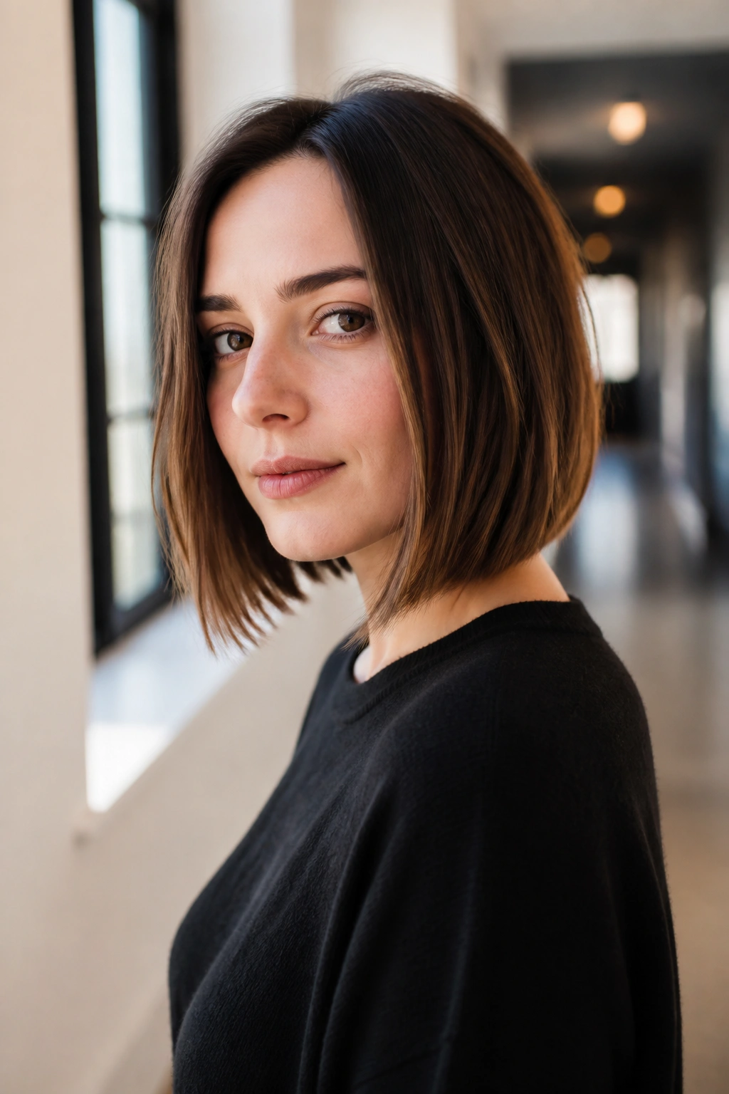 Close-up portrait of a real woman with soft A-line French bob in a sunlit hallway