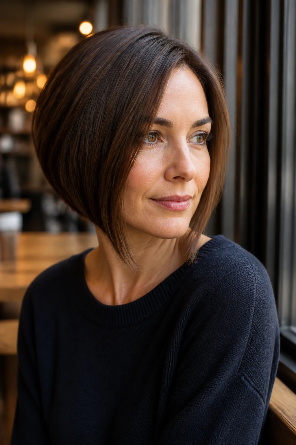 Close-up of a woman with a soft A-line bob in a cozy window-lit cafe