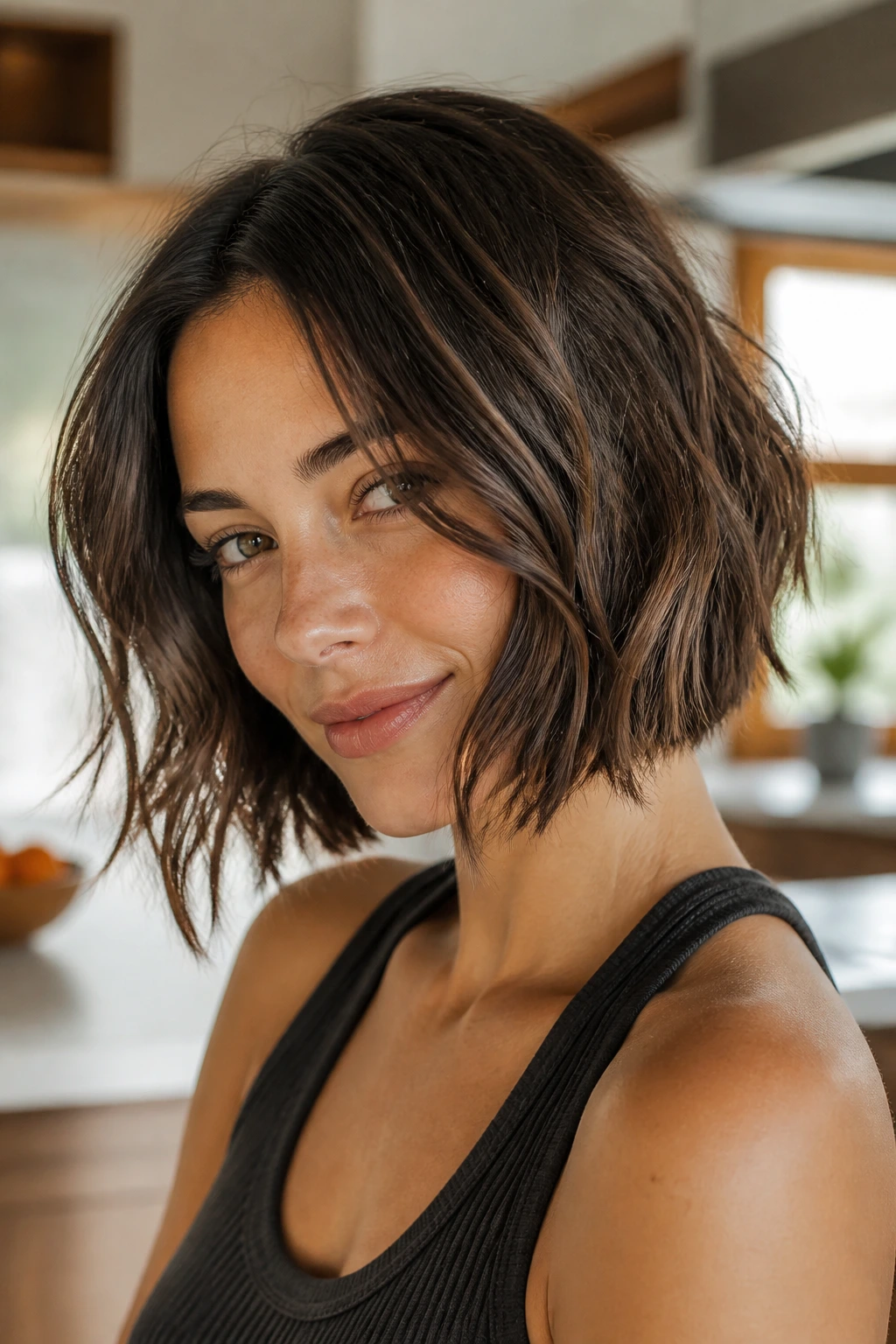 Portrait of a woman with soft A-line bob and airy weight
