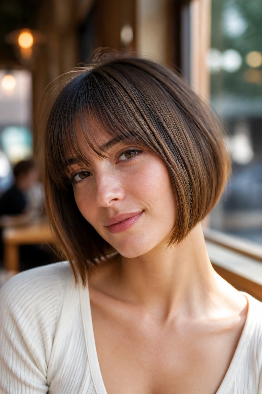 Close-up portrait of a real woman with a soft A-line bob and brow-graze fringe in a sunlit cafe