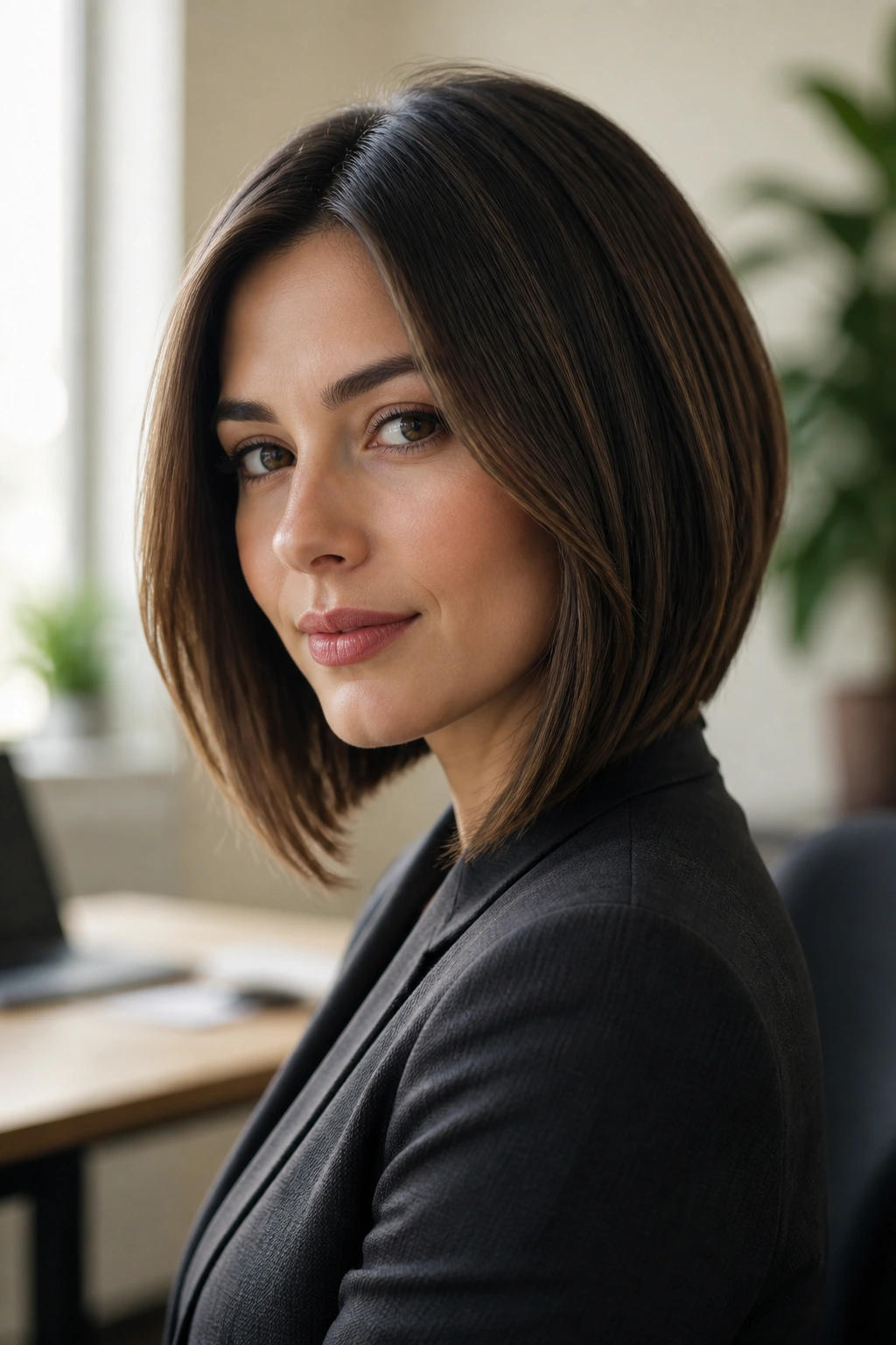 Portrait of a real person with a soft A-Line bob at work