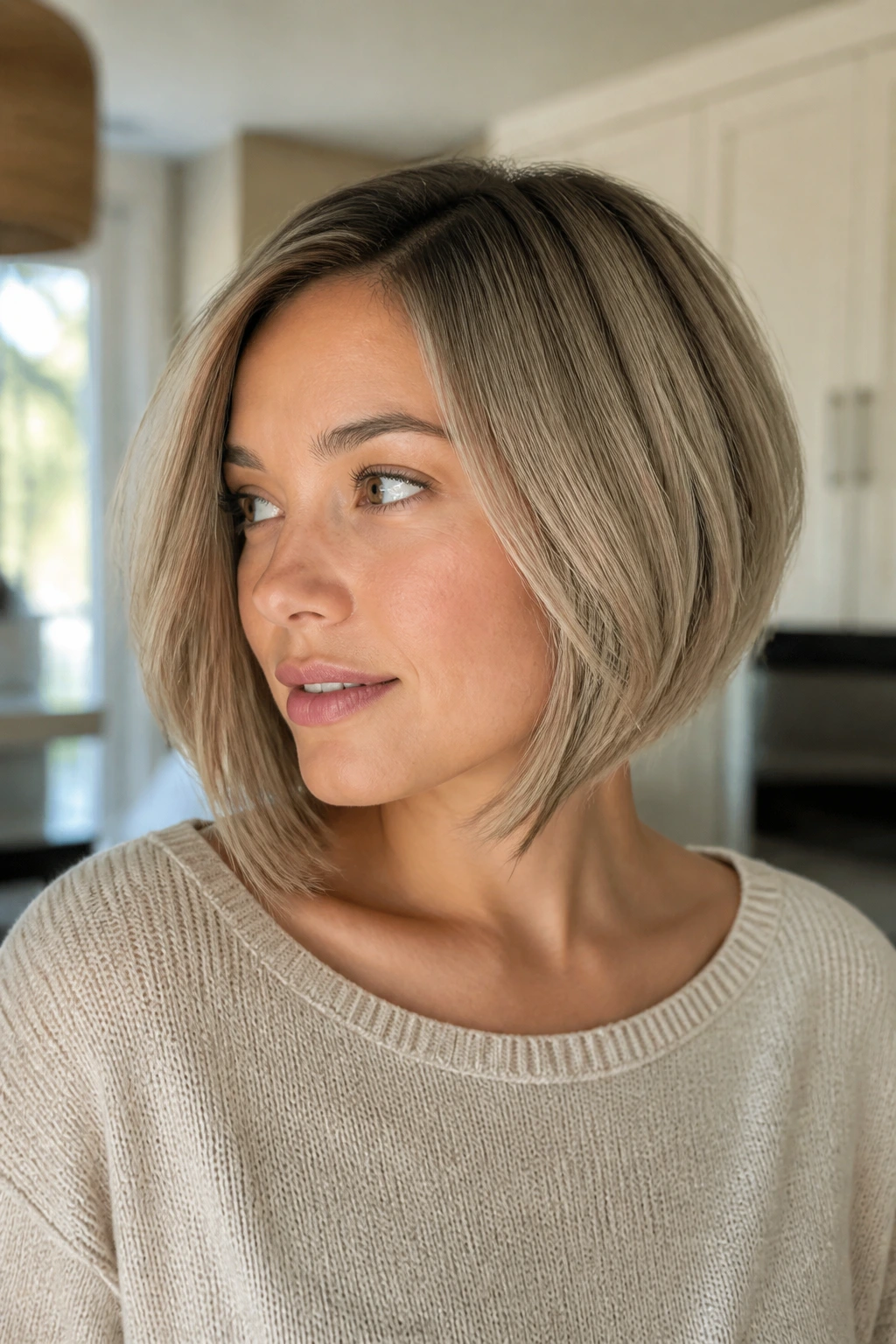 Close-up portrait of a real person with a soft A-line bob