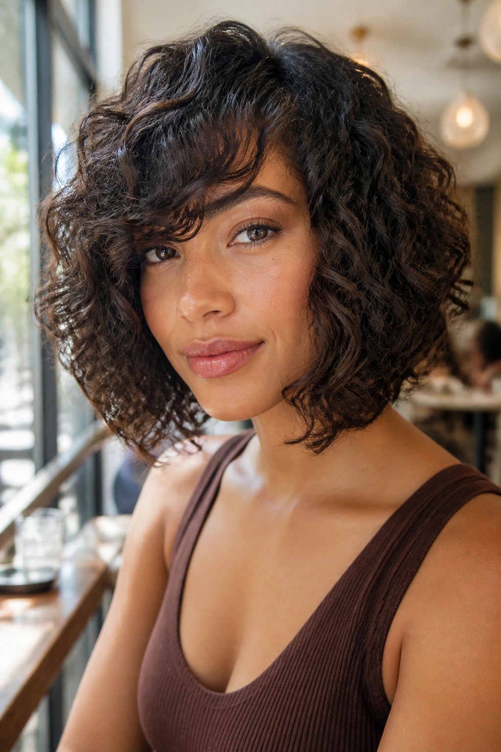 Close-up portrait of a real woman with soft A-line bob and sweeping bangs in natural light.