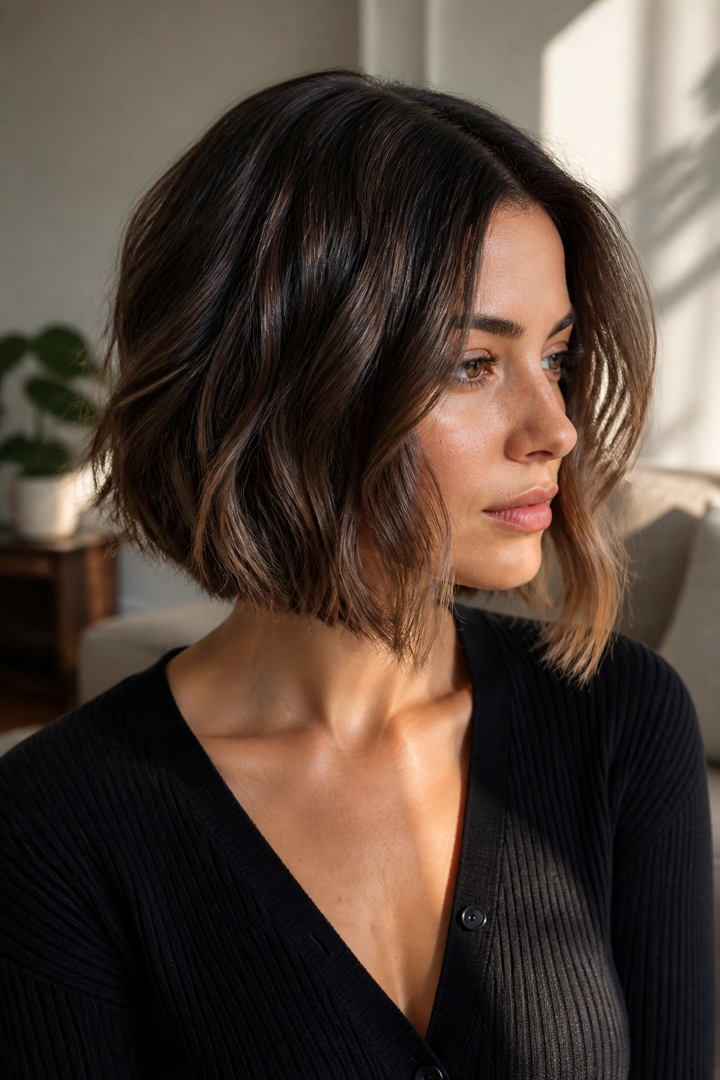 Close-up of a real woman with a soft A-line wavy Bob
