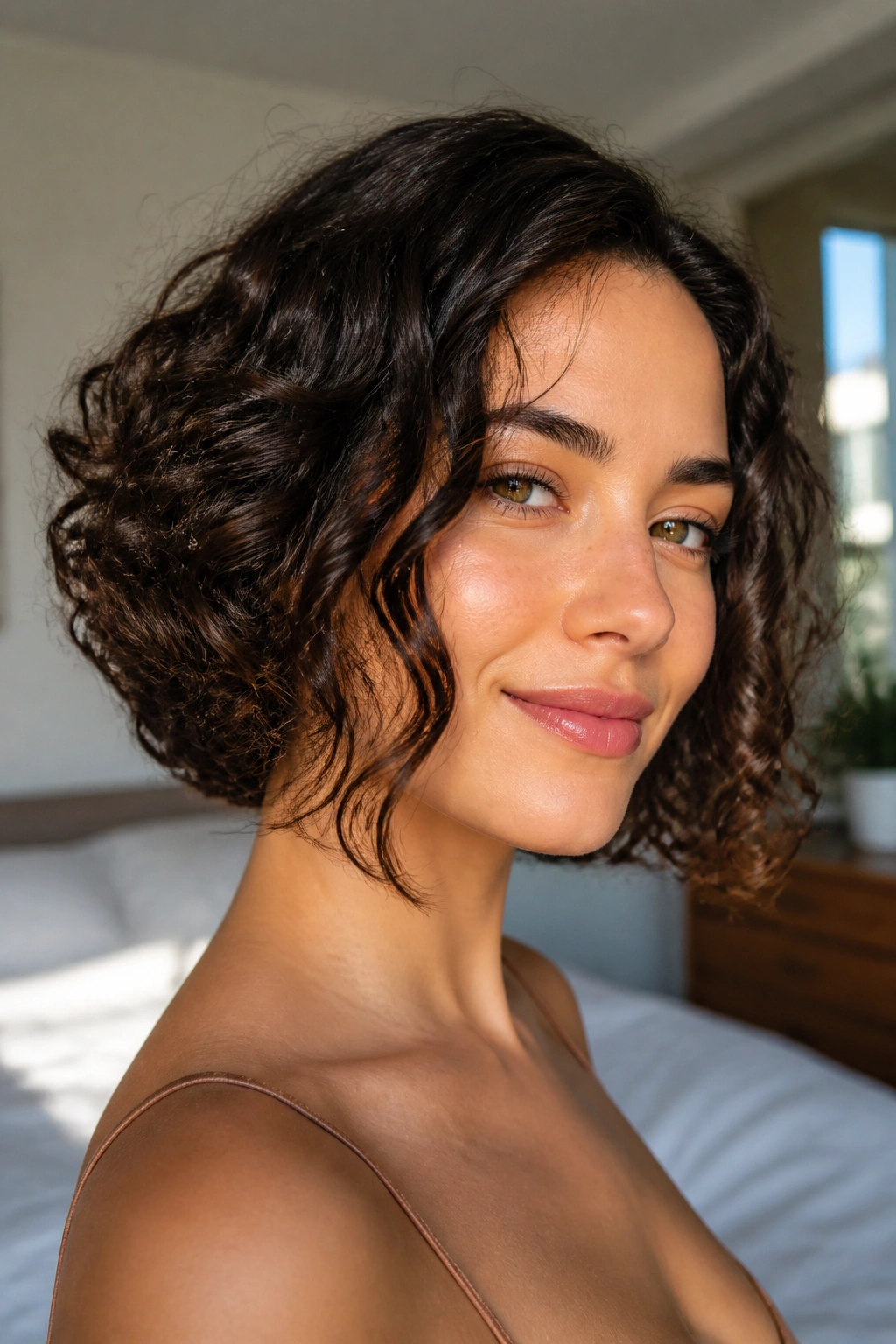 Close-up of a woman with Soft A-Line Curly Bob hairstyle