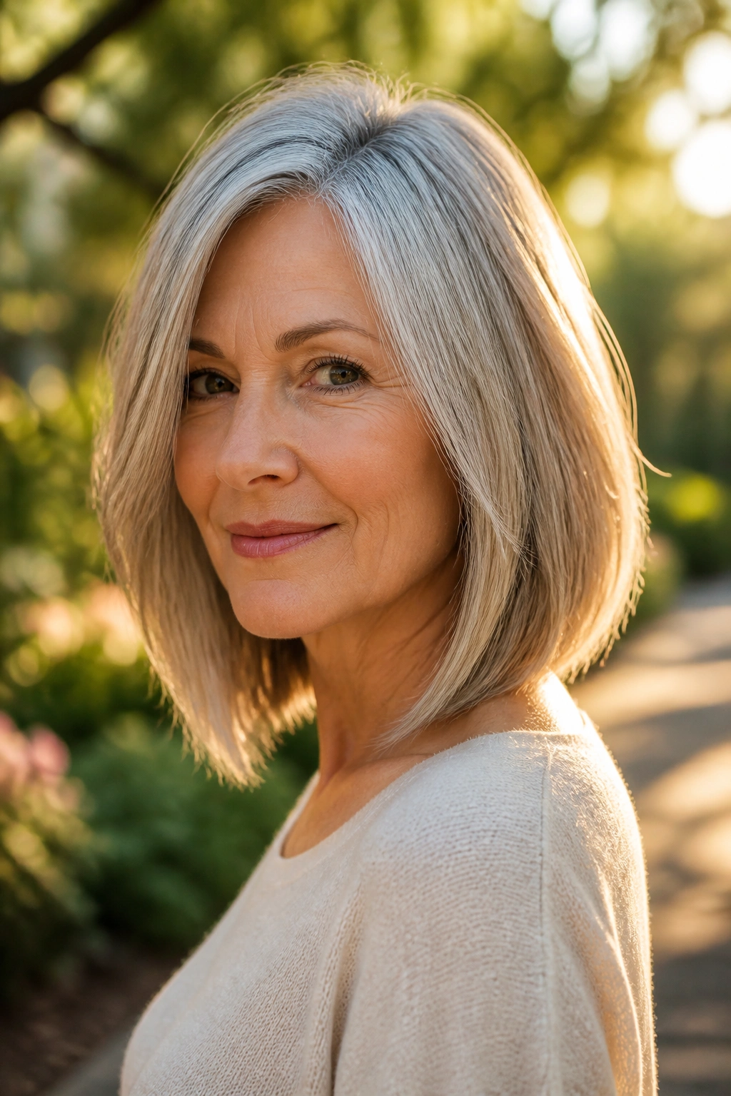 Close-up of a real woman with soft A-line lob and gray hair