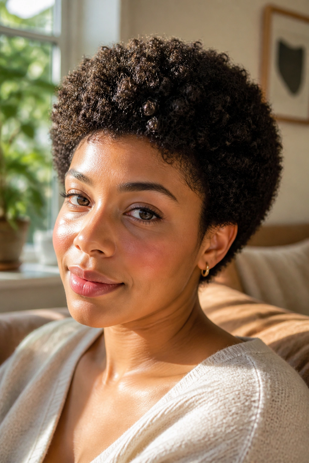 Real person with soft rounded Afro pixie in warm window light