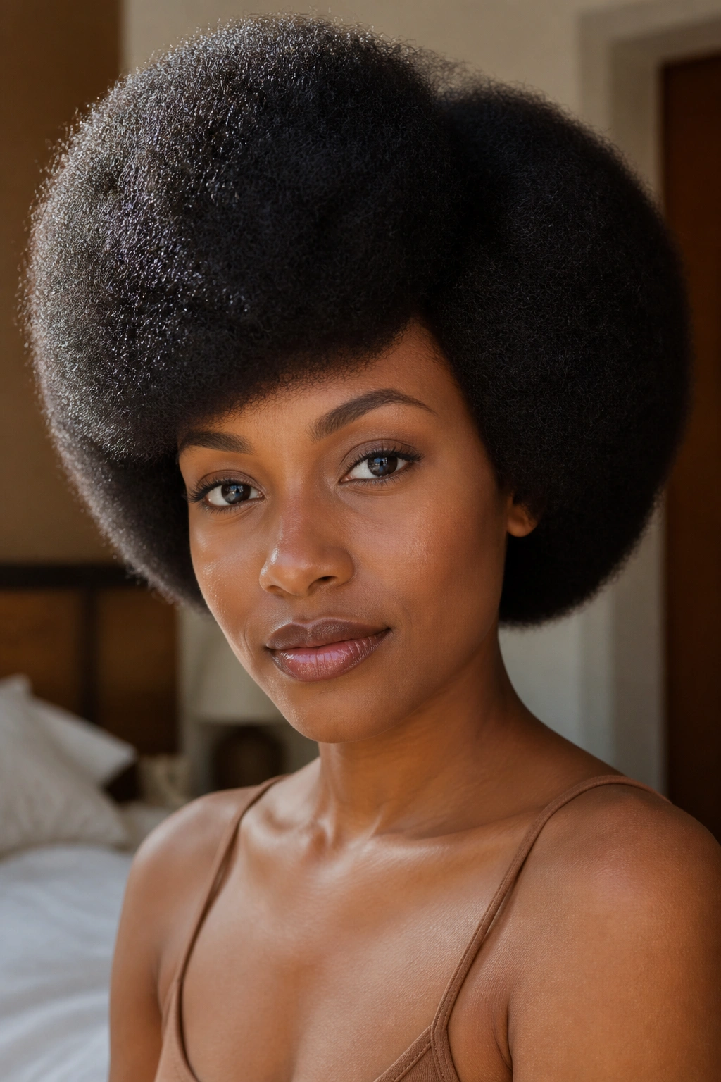 Close-up portrait of a real woman with a rounded brushed-out Afro and vintage silhouette.