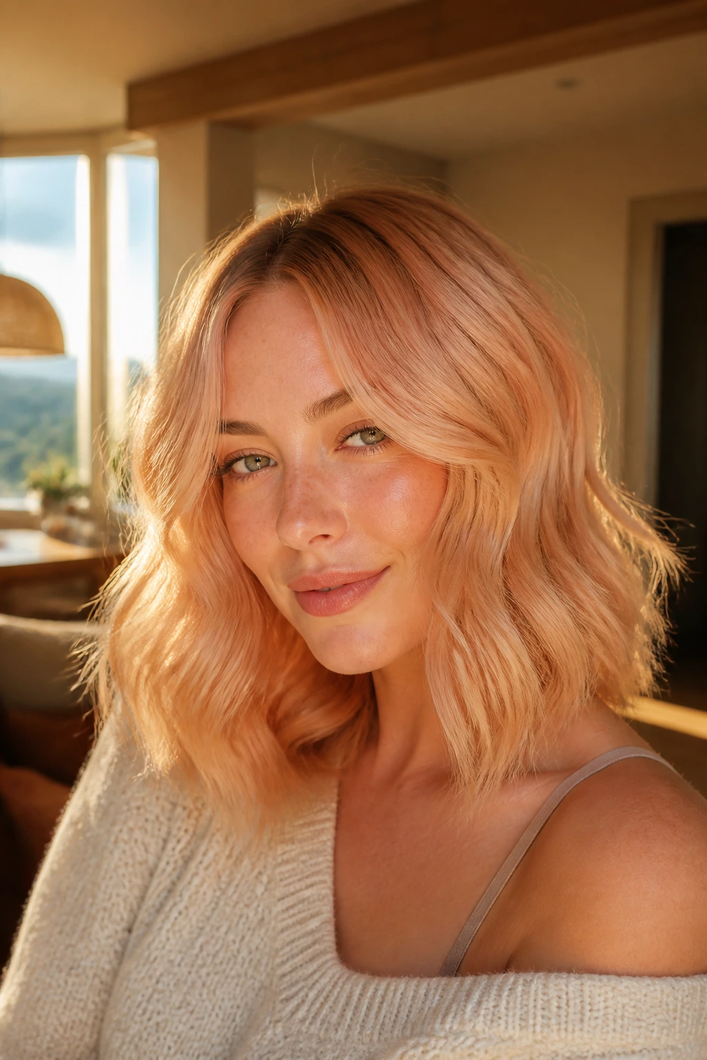 Close-up portrait of a real woman with soft apricot blonde hair