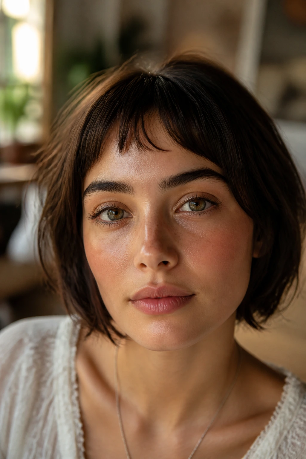 Close-up portrait of a real person with soft arched baby bangs