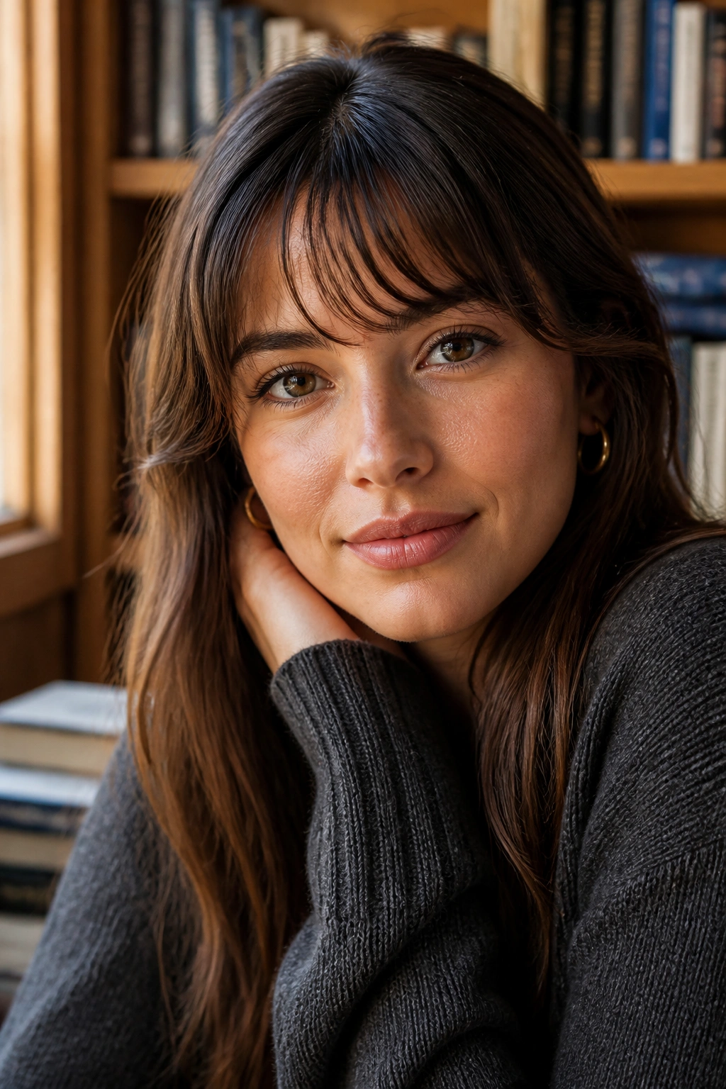 Close-up of a real woman with soft arched wispy bangs following the brows