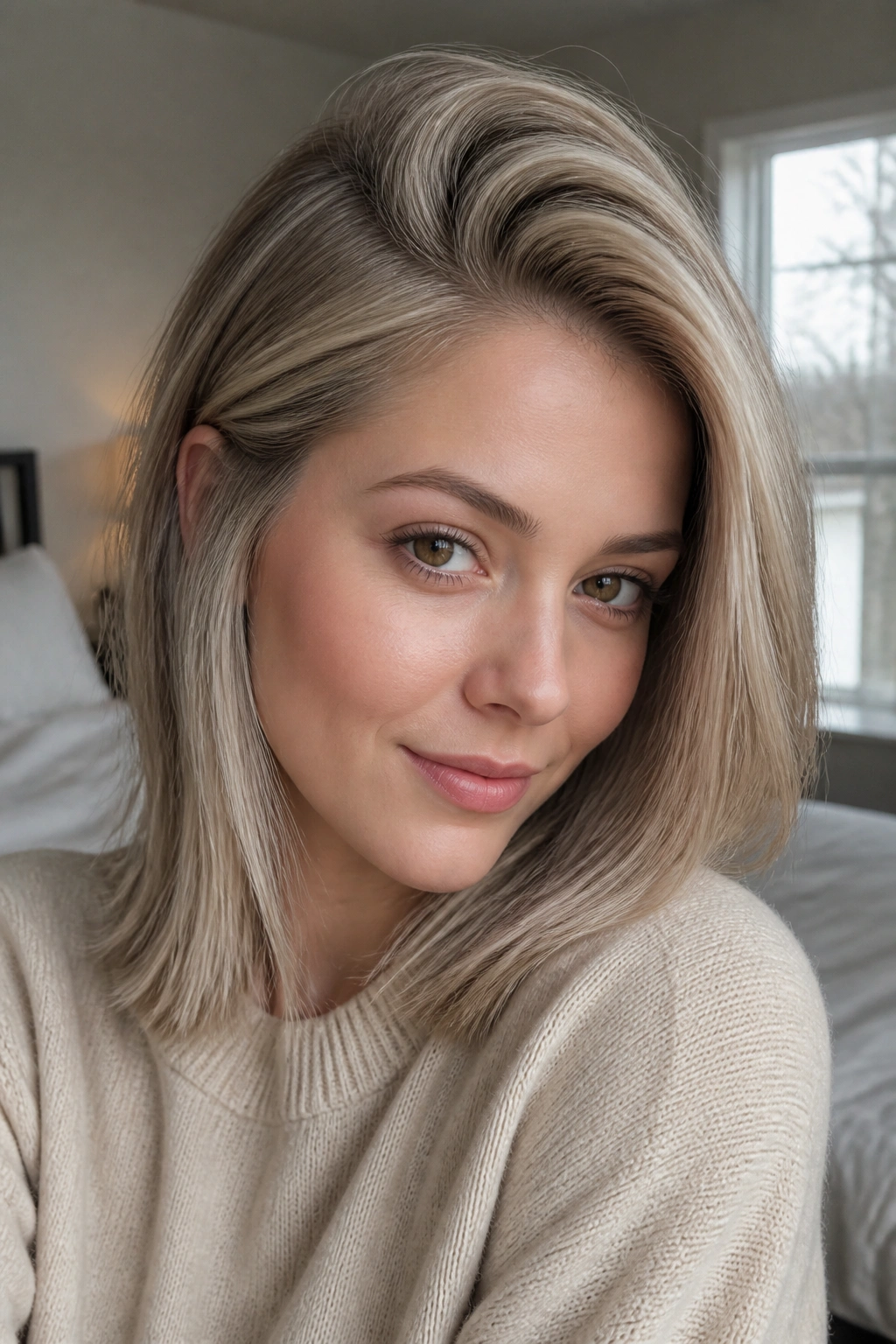Real woman with soft beige-ash hair and deep side part