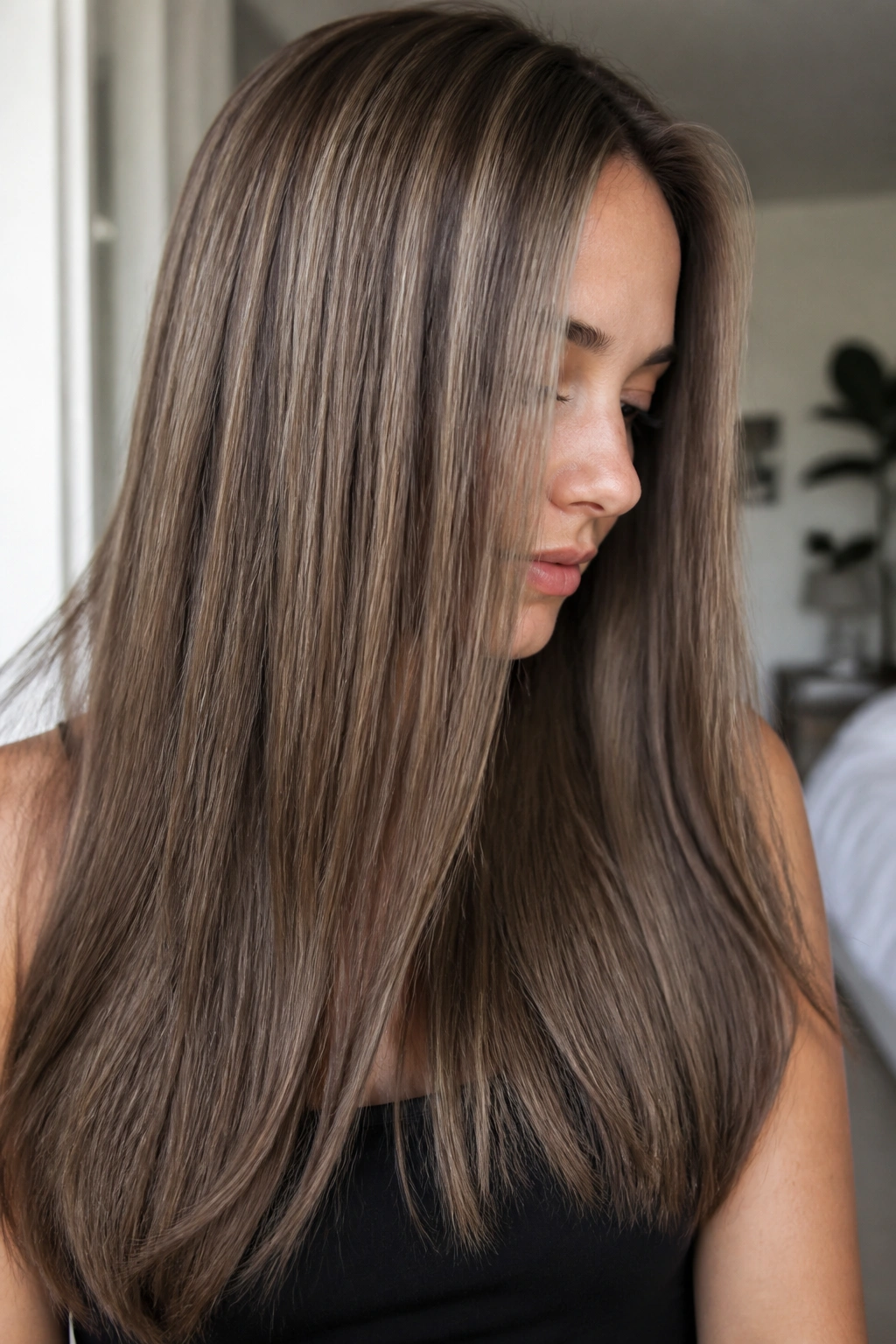 Close-up of a real person with soft ash brown hair and micro-highlights