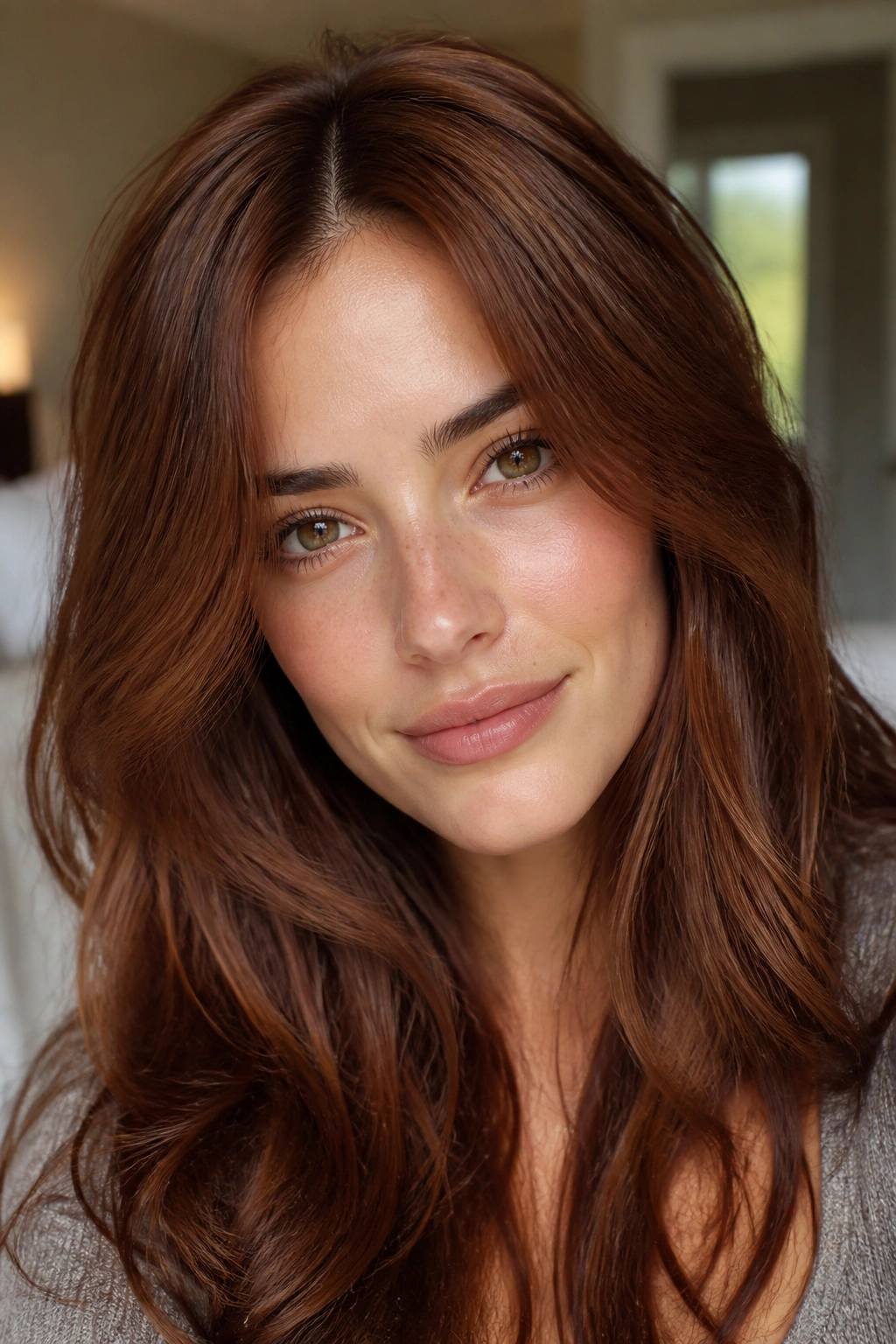 Close-up portrait of a real woman with soft auburn brown hair in warm natural light