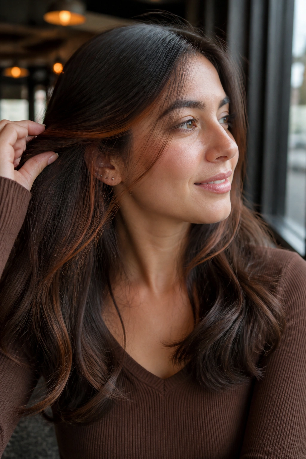 Brunette with subtle auburn peekaboo panels visible in motion