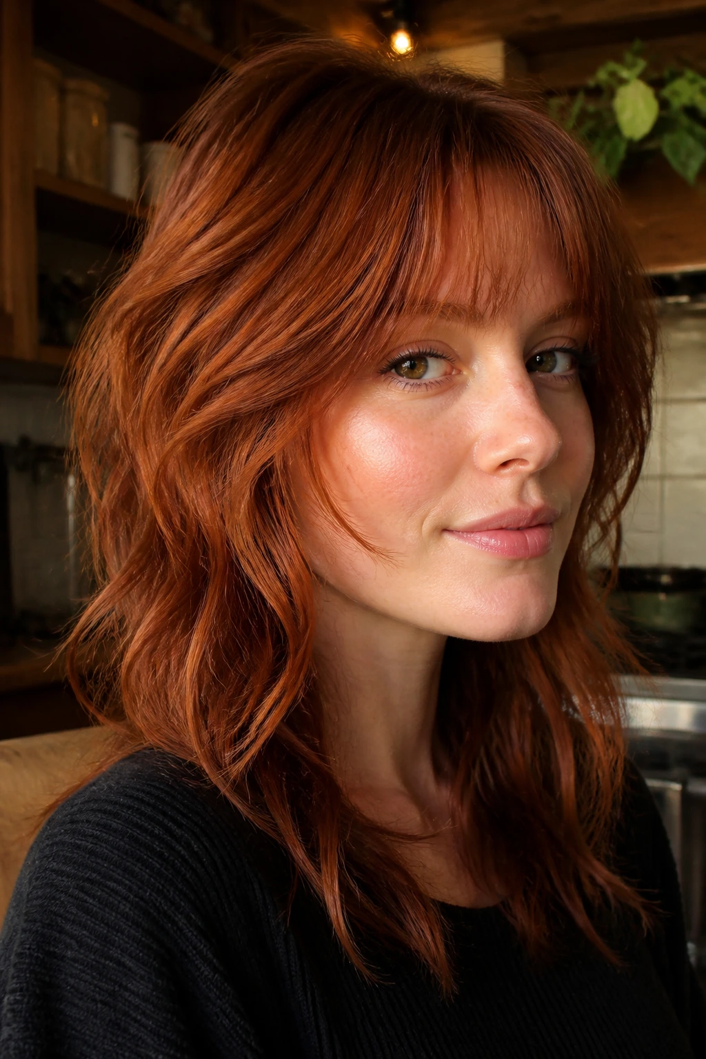 Close-up portrait of a real person with soft auburn wolf cut