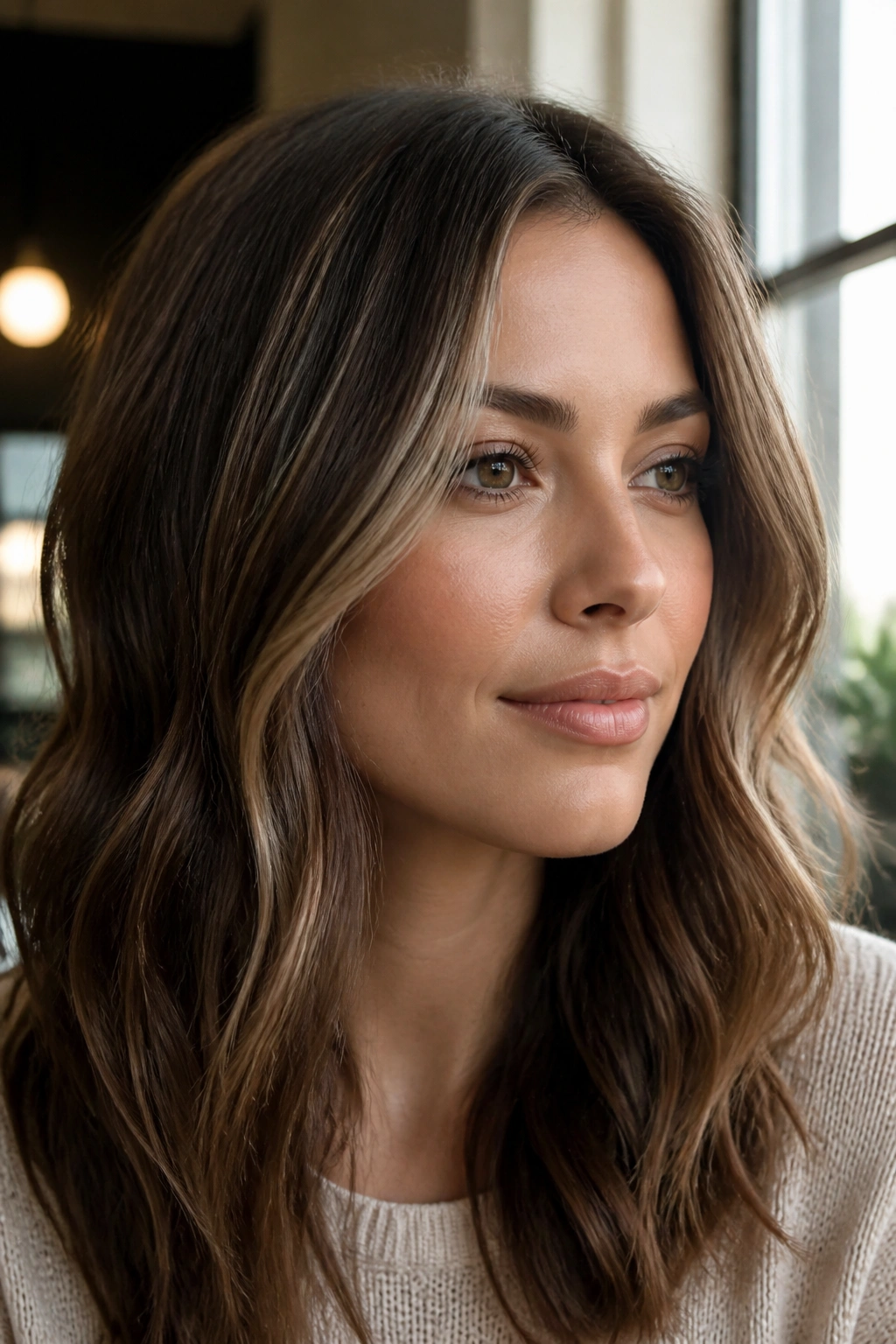 Close-up of a real person with soft babylights on brunette base in natural light