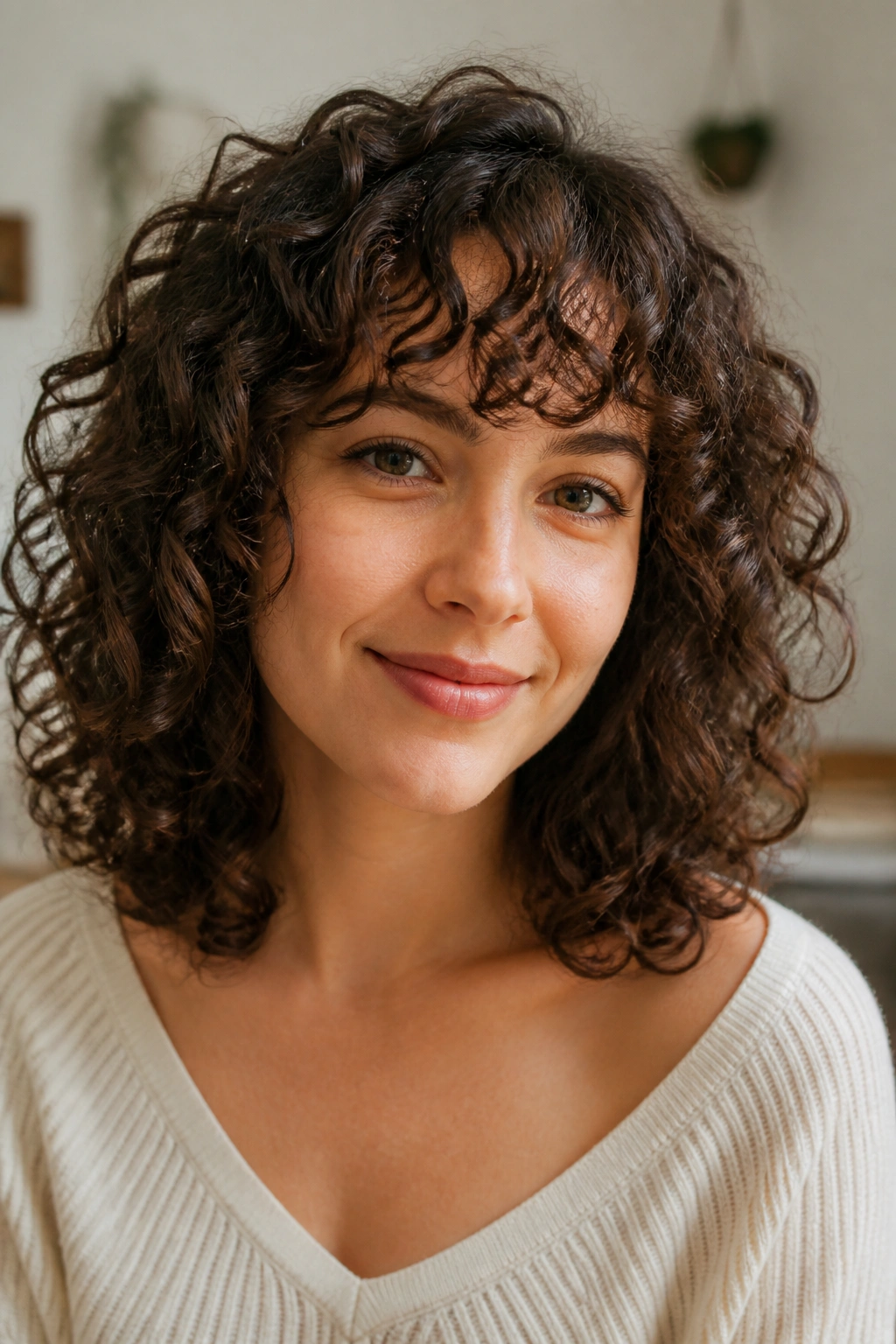 Real person with curly hair and soft bangs that hold their bounce