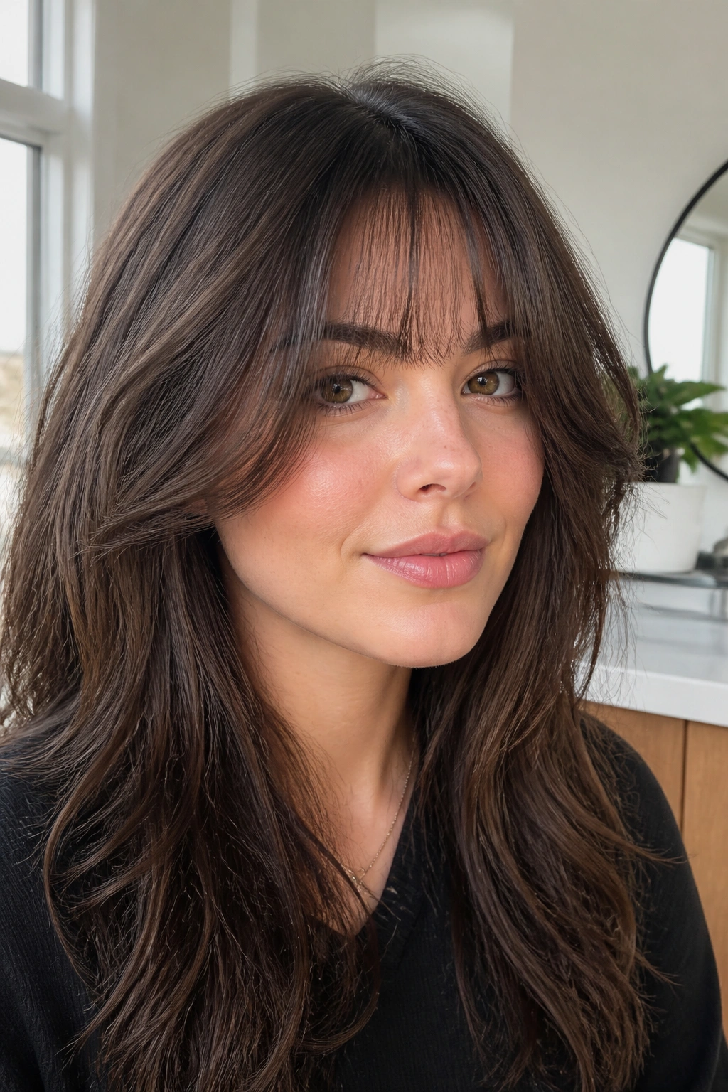Real person with soft bangs in thick hair, feathered center