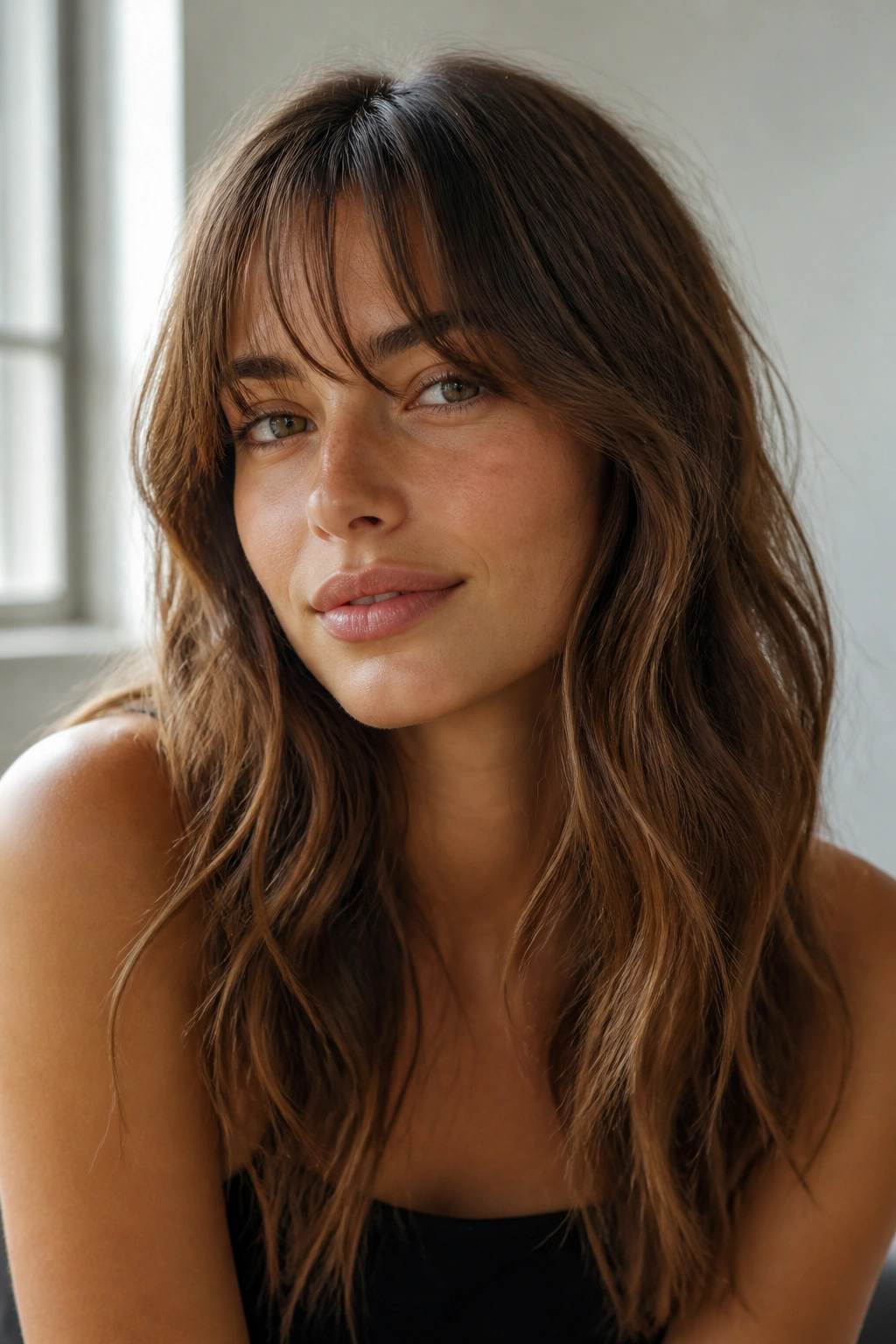 Real person with soft layered bangs blending into wavy hair