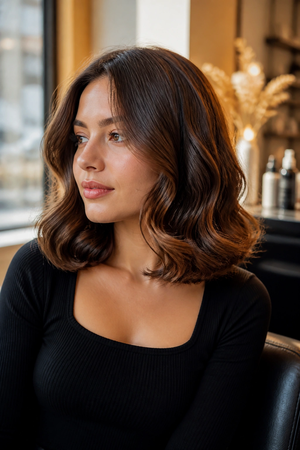 Close-up of a real woman with soft barrel curls and blunt ends on shoulder-length hair