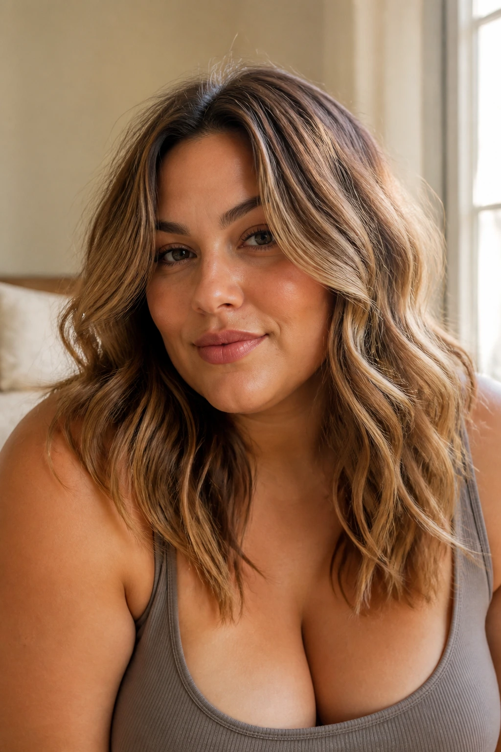 Close-up portrait of a real woman with soft beach waves in sunlit window light
