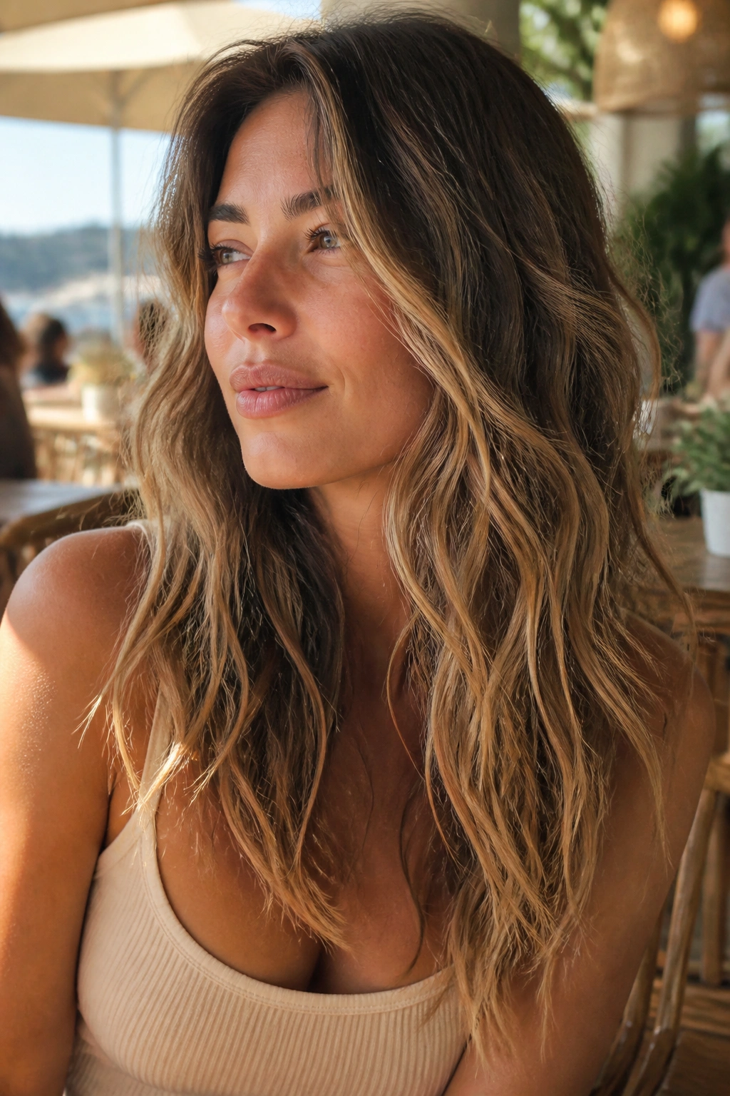Real woman with soft beach waves outdoors