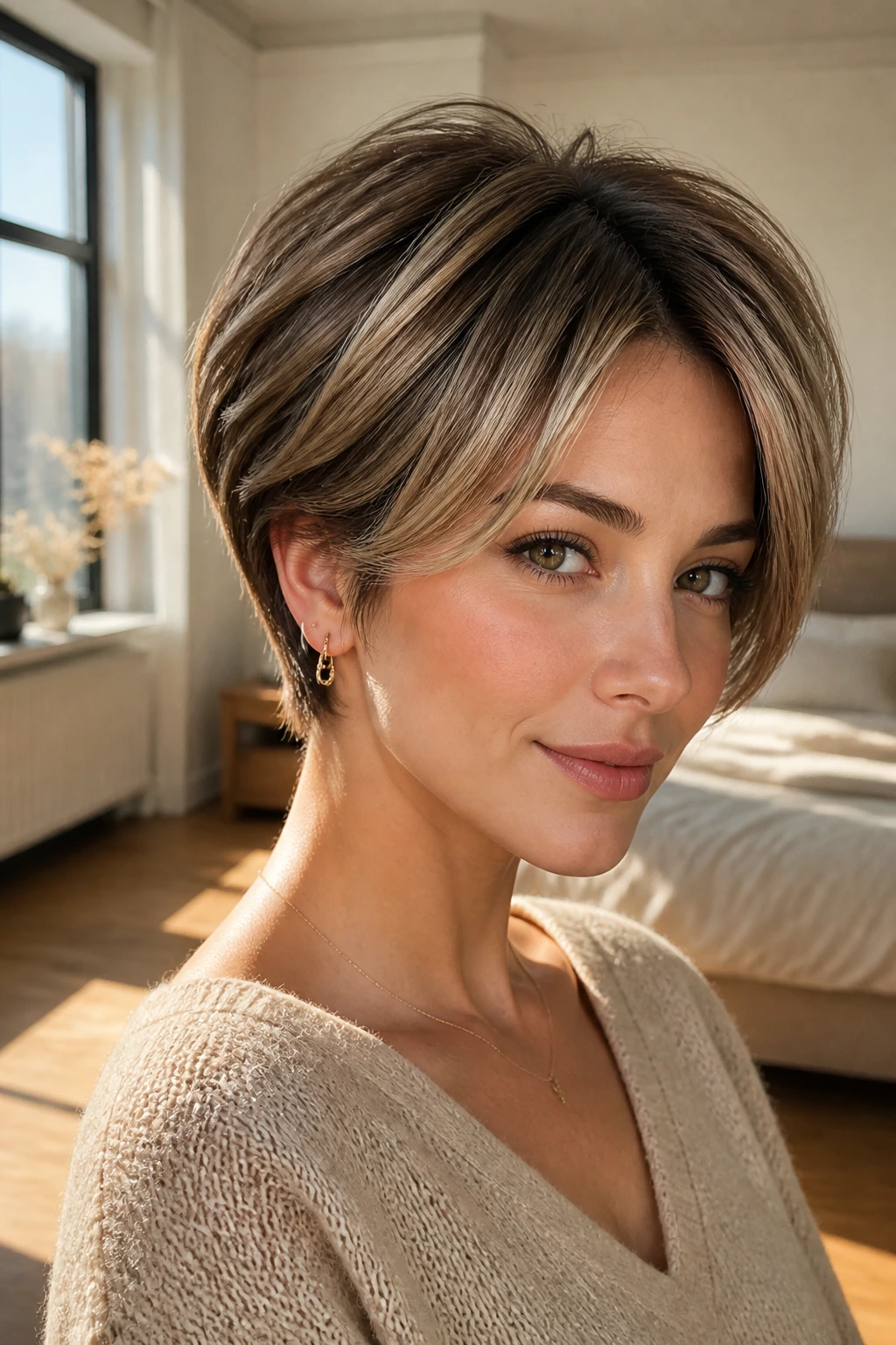 Close-up portrait of a real woman with a short layered cut featuring soft beige contour balayage framing the face