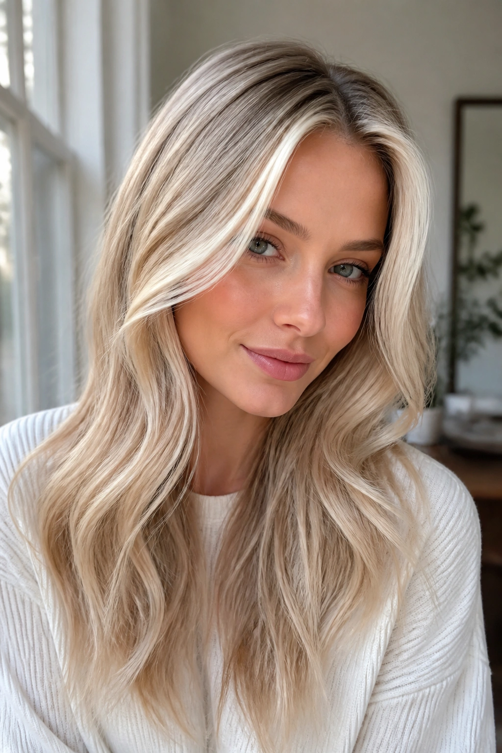 Woman with soft beige blonde and bright face frame, sunlit window