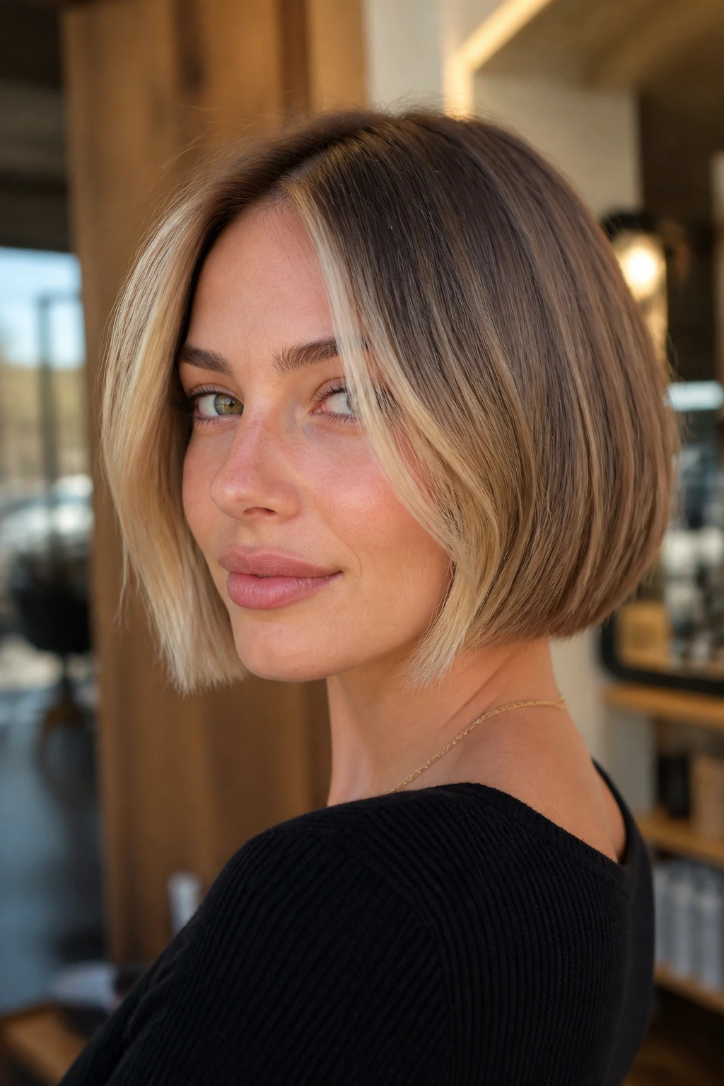 Close-up of a real woman with a soft beige blonde money piece framing a French bob