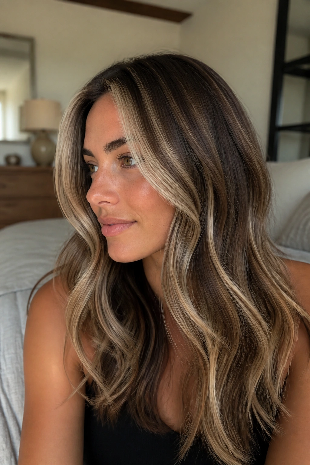 Close-up portrait of a person with soft beige chunky highlights blending into brunette