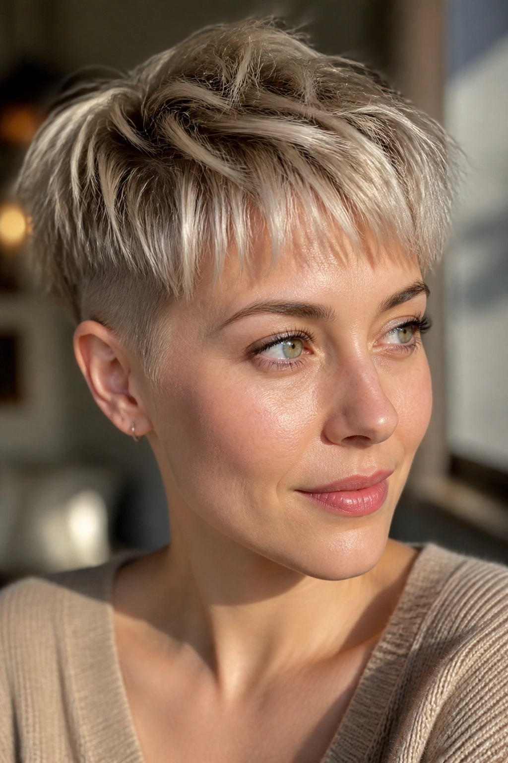 Close-up portrait of a real person with a soft beige crop for short hair in warm window light