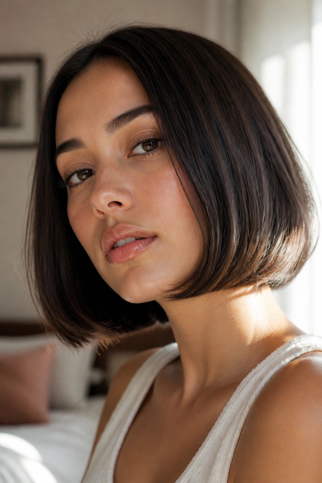 Close-up portrait of a real woman with a Soft-Bend Blunt Bob showing a subtle bend at the ends